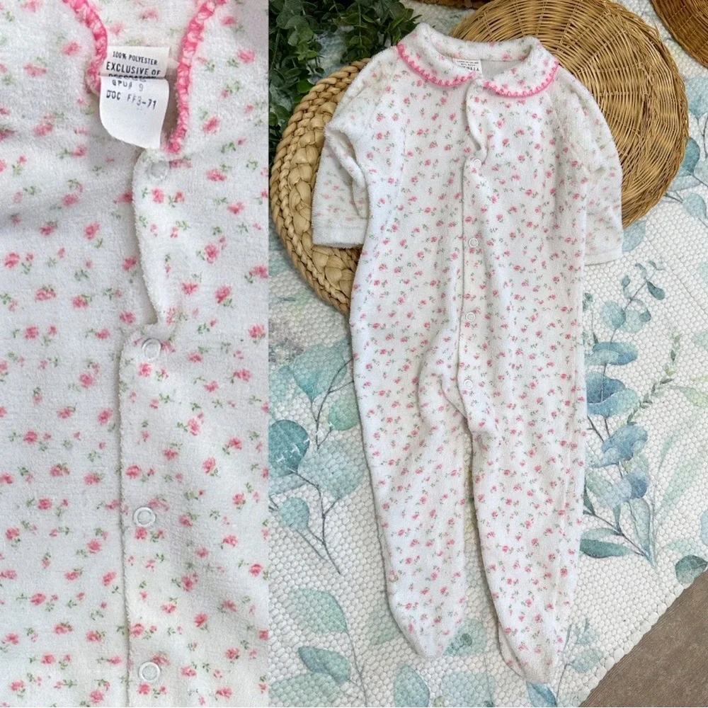 Vintage Baby Girl Clothes 1960s Trim Fit Dainty Floral Footie Pajamas